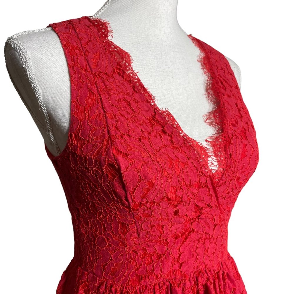 Lulus Lace Dress S Allover Surplice V-Neck A-Line Skater Eyelash Scalloped Red - Picture 7 of 13